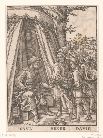 David met Abner toont Saul het hoofd van Goliath