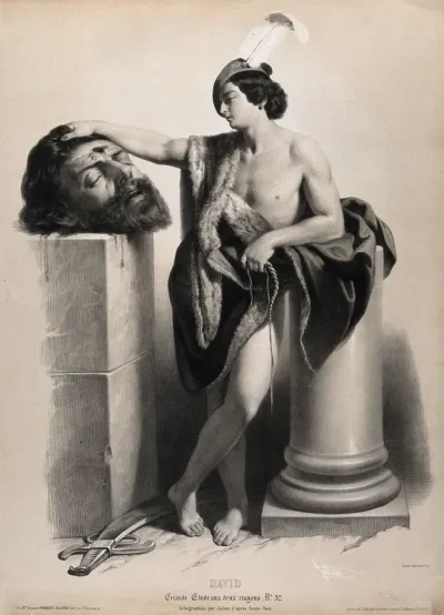 David rests his hand on Goliath's severed head