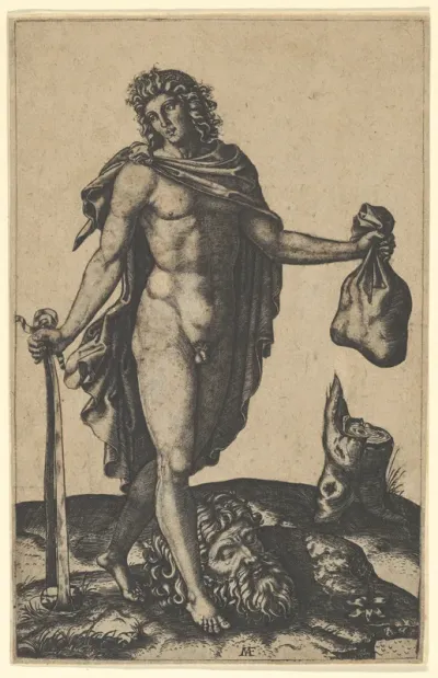 David standing, sword in lowered right hand, sack in the left, the head of Goliath on the ground beneath him