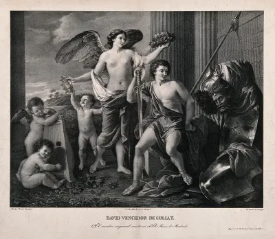 David with the head of Goliath, accompanied by an angel and cherubs