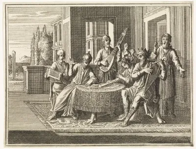 David zit aan een tafel en bespeelt de harp