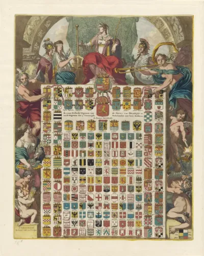 De 64 geslachtswapens van prins Willem III in een allegorische omlijsting, 1672
