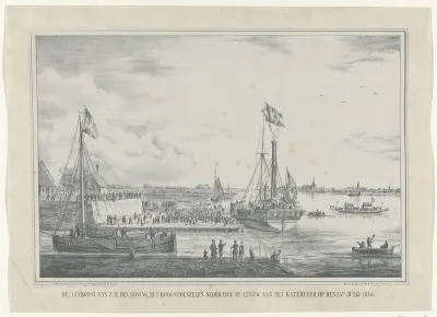 De aankomst van Z.M. den Koning met hoogstdeszelfs stoomjagt De Leeuw, aan het Katerveer, op den 23.en julij 1846