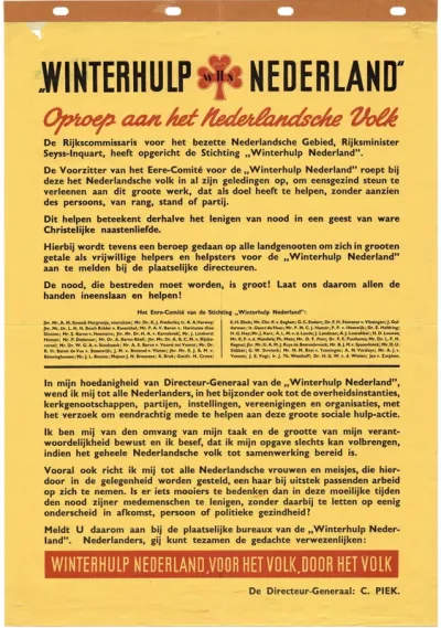De aankondiging van de oprichting van de Winterhulp Nederland (WHN) en tevens een oproep aan het Nederlandse Volk, door Seyss-Inquart als Rijkscommissaris van bezet . Een overzicht van de doelstellingen, de namen van het Ere-Comité en de bekendmaking