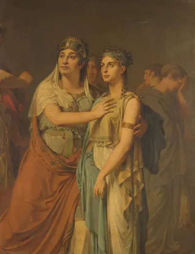 De actrices Joanna Cornelia Ziesenis-Wattier (1762-1827) en Geertruida Jacoba Grevelink-Hilverdink (1786-1827) in Iphigenia (1674) van Jean Racine (1639-99)