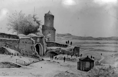 De afbraak van de Hezelpoort (uit 1533-1542) , met op de achtergrond de Kronenburgertoren; een aquarel van Rudolphus Lauwerier
