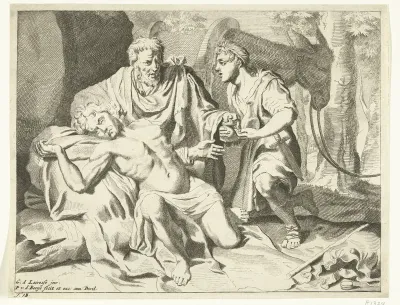 De barmhartige Samaritaan helpt de gewonde reiziger