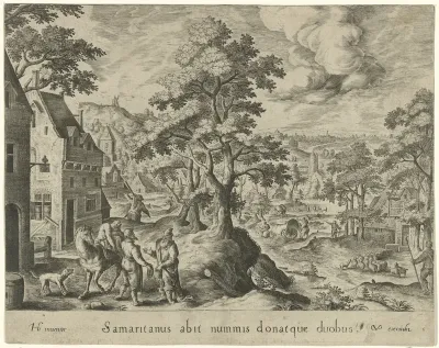 De barmhartige Samaritaan zet de gewonde reiziger bij een herberg af