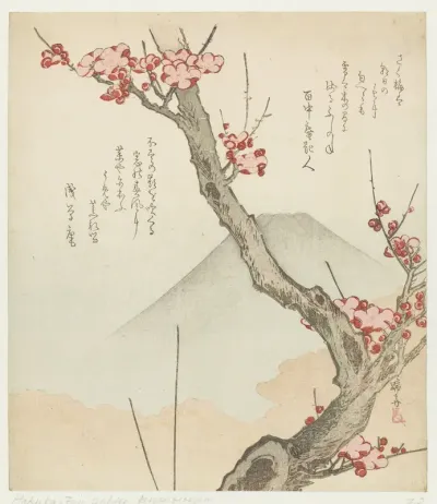 De berg Fuji en een bloeiende pruim