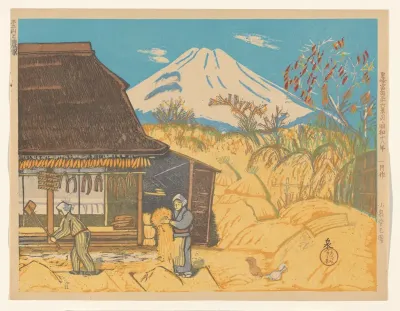 De berg Fuji en een boerderij
