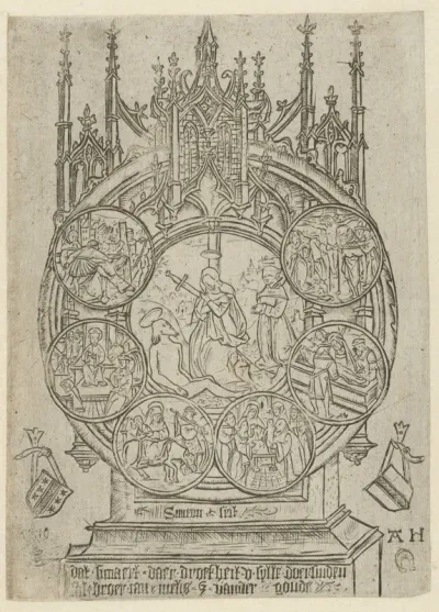 De bewening van Christus in een schrijn met zes andere voorstellingen uit het leven van Christus