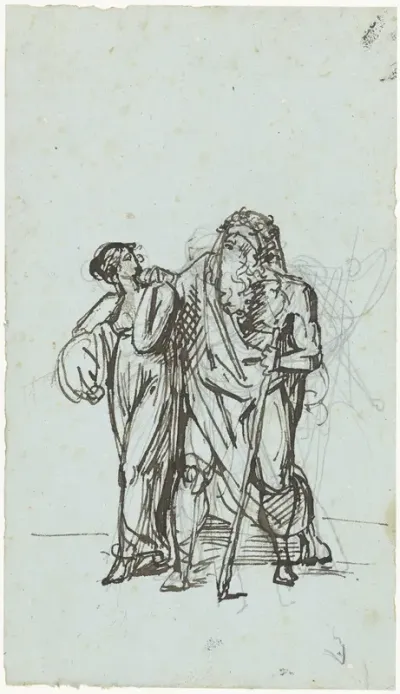 De blinde Oedipus door Antigone geleid