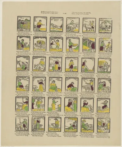 De boeren en der herdren leven, / En wat hun veld en akker geven, / 't Vermaak, de winst door 't nutte vee, / Deelt u, o jeugd! dit prentsel meé