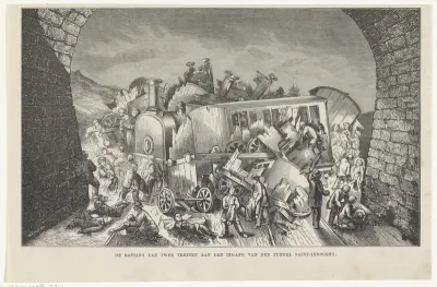 De botsing van twee treinen aan den ingang van den tunnel Saint-Innocent