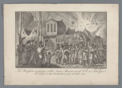 De Brusselsche muitelingen trekken binnen Antwerpen, terwijl Z.E. de Luit Generl. Bn. Chassé de stad bombardeerd, op den 28 October 1830