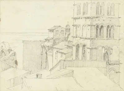 De campanile van S. Giovanni e Paolo met aangrenzende hoge huizen en vergezicht
