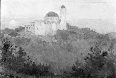 De Cenakelkerk, olieverfschilderij van Eugène Joseph Lücker (09-07-1876 Roermond-30-05-1943 Nijmegen), woonde en werkte in Nijmegen als kunstschilder, etser en tekenleraar op het Canisius College.