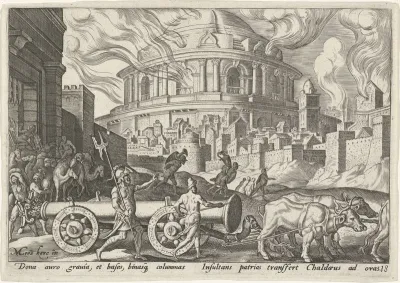 De Chaldeeën nemen de zuilen van de tempel van Jeruzalem mee