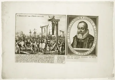De doodskist van Ledenberg aan de galg, rechts zijn portret, 1619