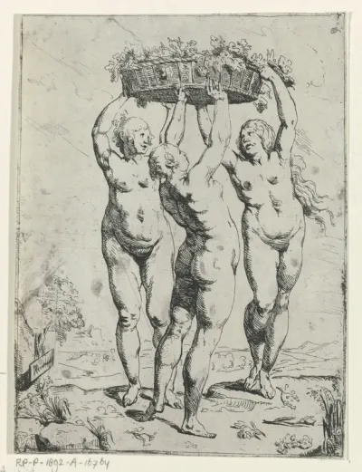 De drie gratiën dragen een mand bloemen boven het hoofd