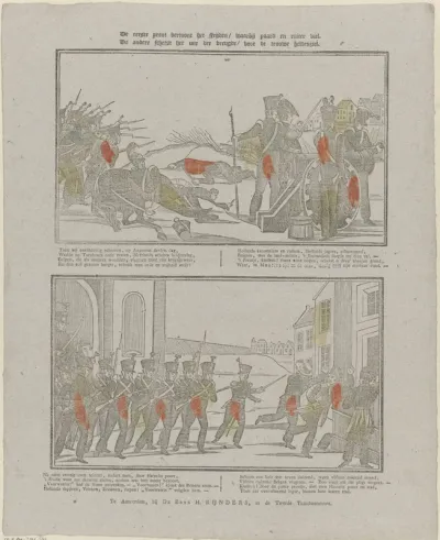 De eerste prent vertoont het strijden / waarbij paard en ruiter viel. / De andere schetst het uur der vreugde / voor de trouwe heldenziel