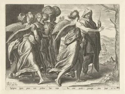 De engelen leiden Lot en zijn vrouw en dochters uit Sodom