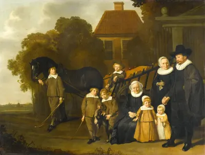 De familie Meebeeck Cruywagen bij de poort van hun buitenhuis aan de Uitweg bij Amsterdam