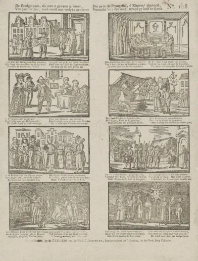 De feestgetyden, die men is gewoon te vieren, / Van jaar tot jaar, doch men heeft met vrolyke manieren / Ziet ge in dit prentgestel, ô kindren! afgebeeld, / Vermaakt 'er u dan meê, terwyl gy leest en speelt