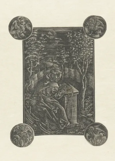 De Franciscaner monnik Ossváld Pelbárt (Pelbartus) in een tuin en de vier evangelistensymbolen