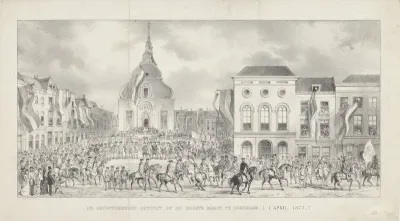 De Gecostumeerde Optocht op de Groote Markt te Schiedam. (1 April 1872.)