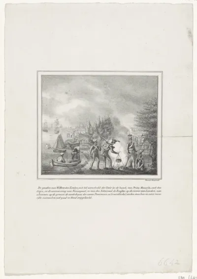 De geesten van Willem van Oranje, prins Maurits en de Michiel Adriaenszoon de Ruyter aanschouwen op de grenzen de verdedigers van de Zeven Provincien, 1831