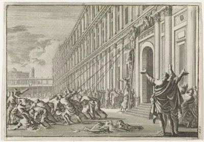 De gouden arend van Herodes wordt door het volk met touwen van de tempel gerukt