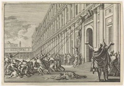 De gouden arend van Herodes wordt door het volk met touwen van de tempel gerukt