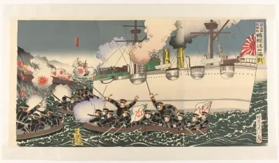 De grote overwinning van het Japanse leger bij de zeeslag nabij de Yalu rivier