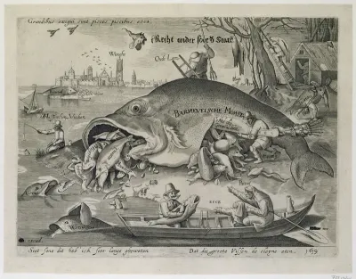De grote vissen eten de kleine vissen, spotprent op de val van Johan van Oldenbarnevelt, 1619
