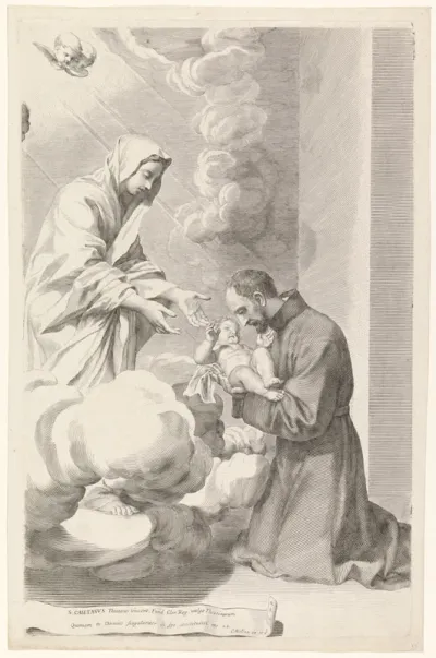 De H. Cajetanus van Thiene neemt van Maria het Christuskind in de armen