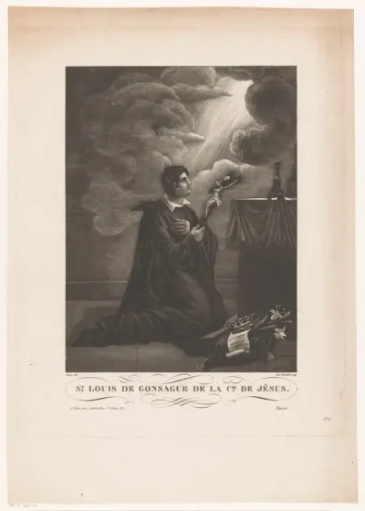 De heilige Aloysius Gonzaga, knielend aan een altaar