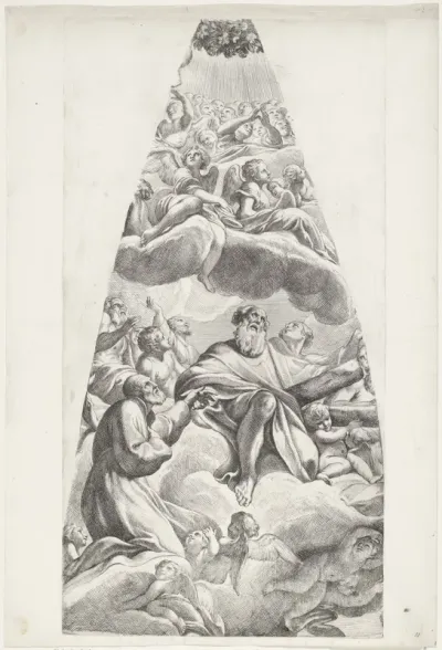 De heilige Andreas Avellinus en een geknielde heilige gezeten op een wolk