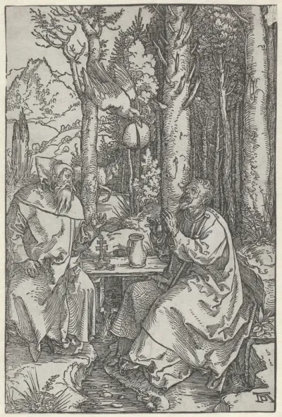 De Heilige Antonius bezoekt Paulus de Kluizenaar in de wildernis