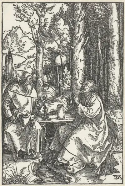 De Heilige Antonius bezoekt Paulus de Kluizenaar in de wildernis