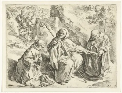 De heilige Benedictus zittend tussen de heiligen Bruno en Bernard