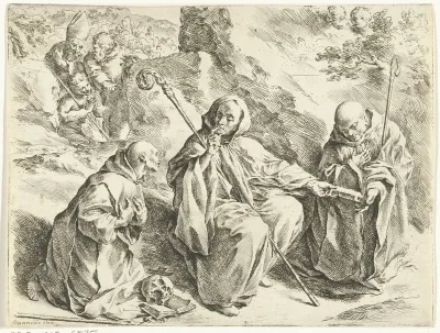 De heilige Benedictus zittend tussen de heiligen Bruno en Bernard