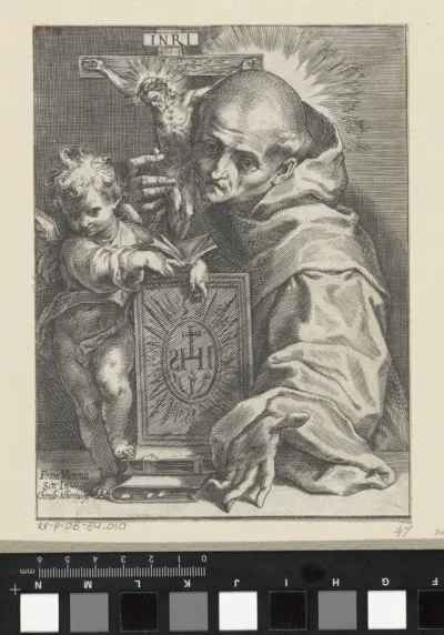 De heilige Bernardinus van Siena met crucifix en putto
