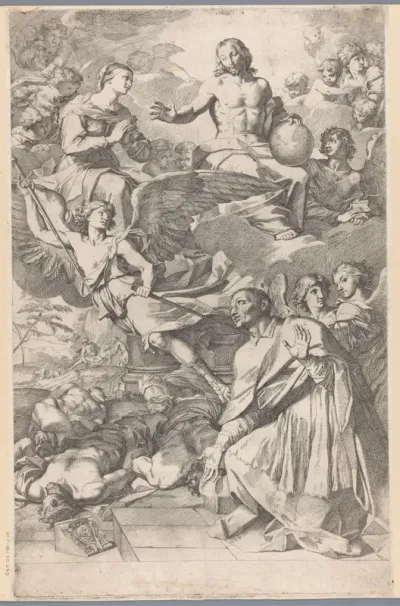 De heilige Carlo Borromeo voor Christus, Maria en engelen
