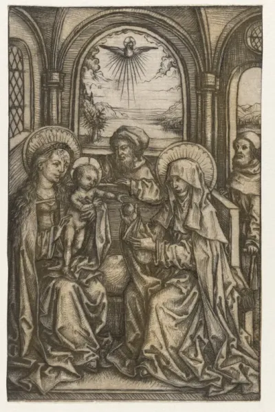 De Heilige Familie in een gewelfde ruimte