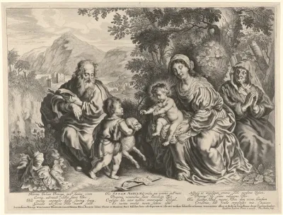 De Heilige Familie met Elisabet en Johannes de Doper in landschap