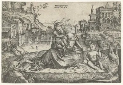 De Heilige Familie met Johannes de Doper in landschap