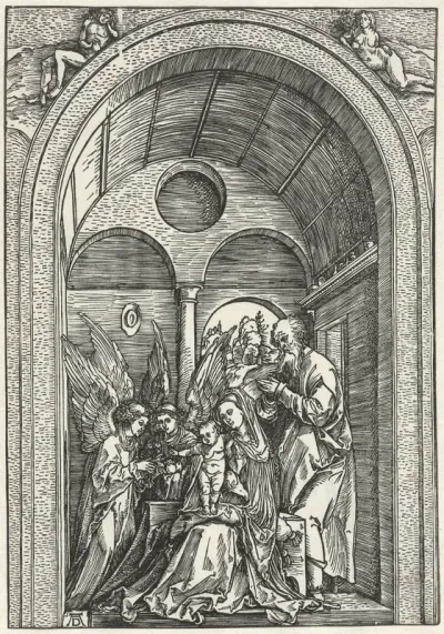 De Heilige Familie met twee engelen