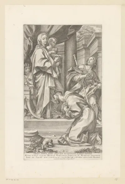 De heilige Franciscus en Jakobus de Meerdere voor Maria met het Christuskind