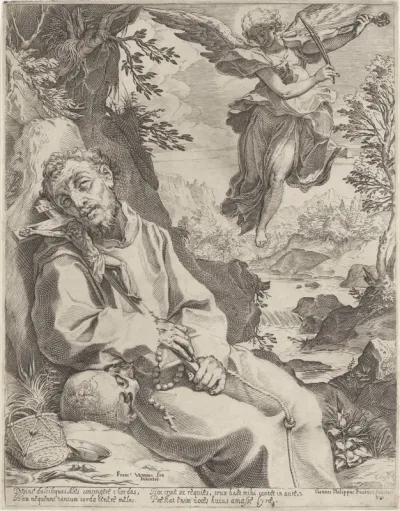 De heilige Franciscus getroost door een musicerende engel
